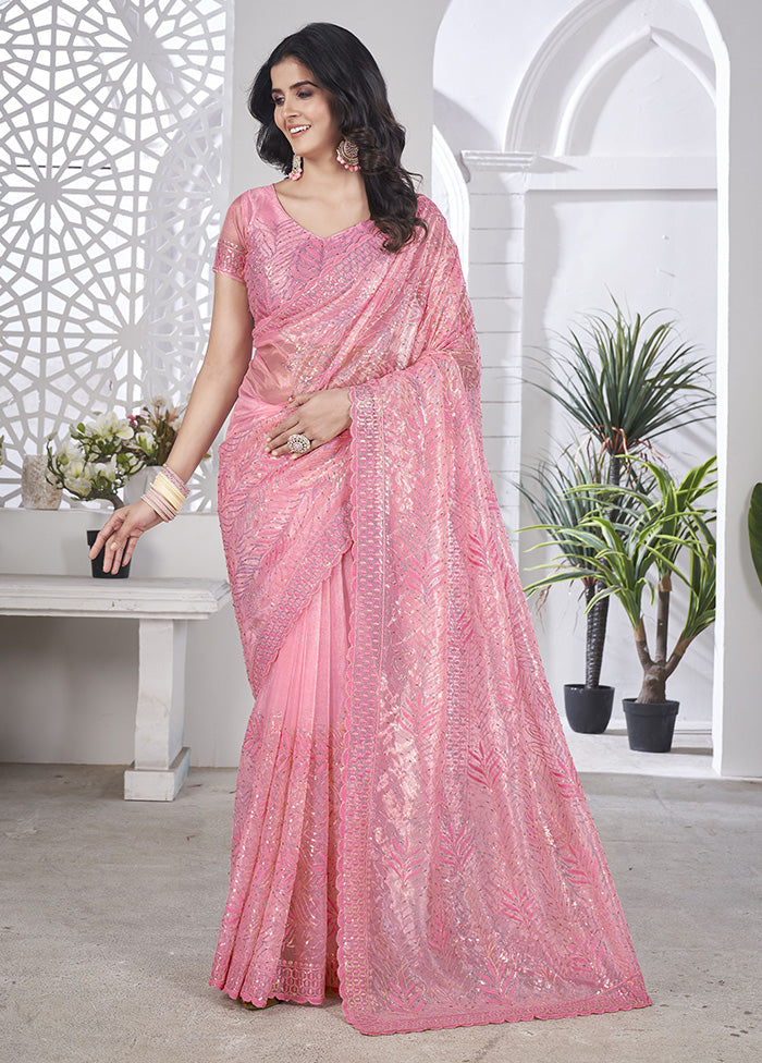 Pink Net Net Saree With Blouse Piece