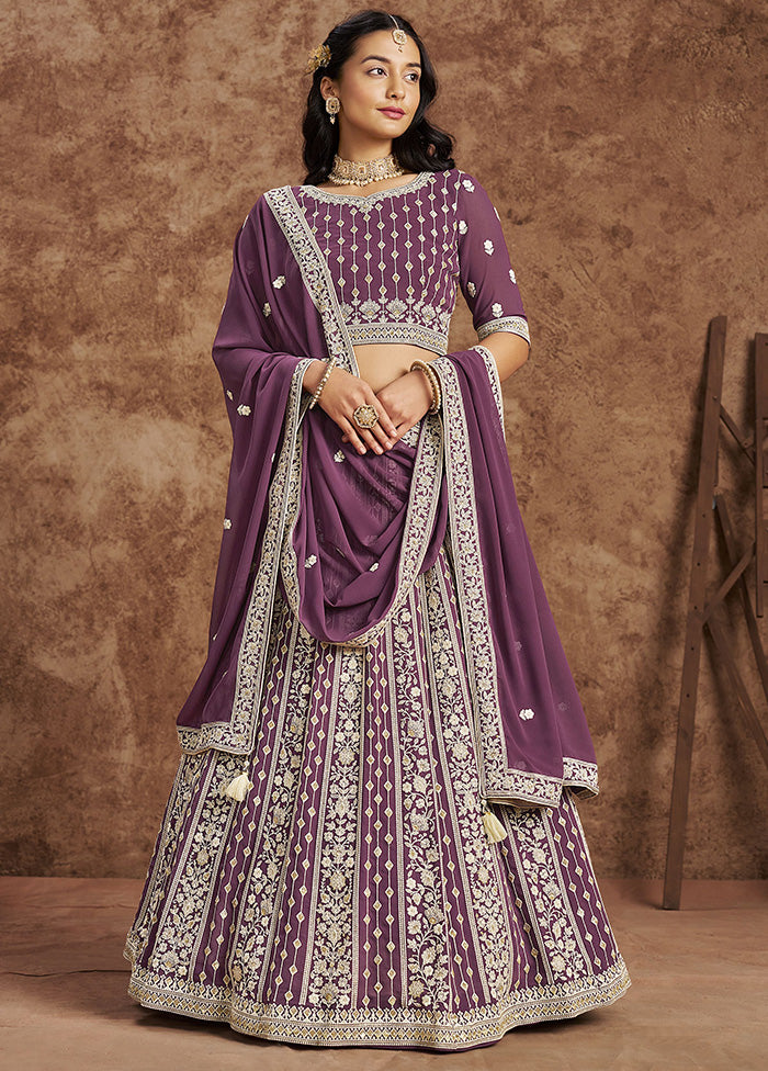 3 Pc Purple Georgette Semi Stitched Lehenga Set