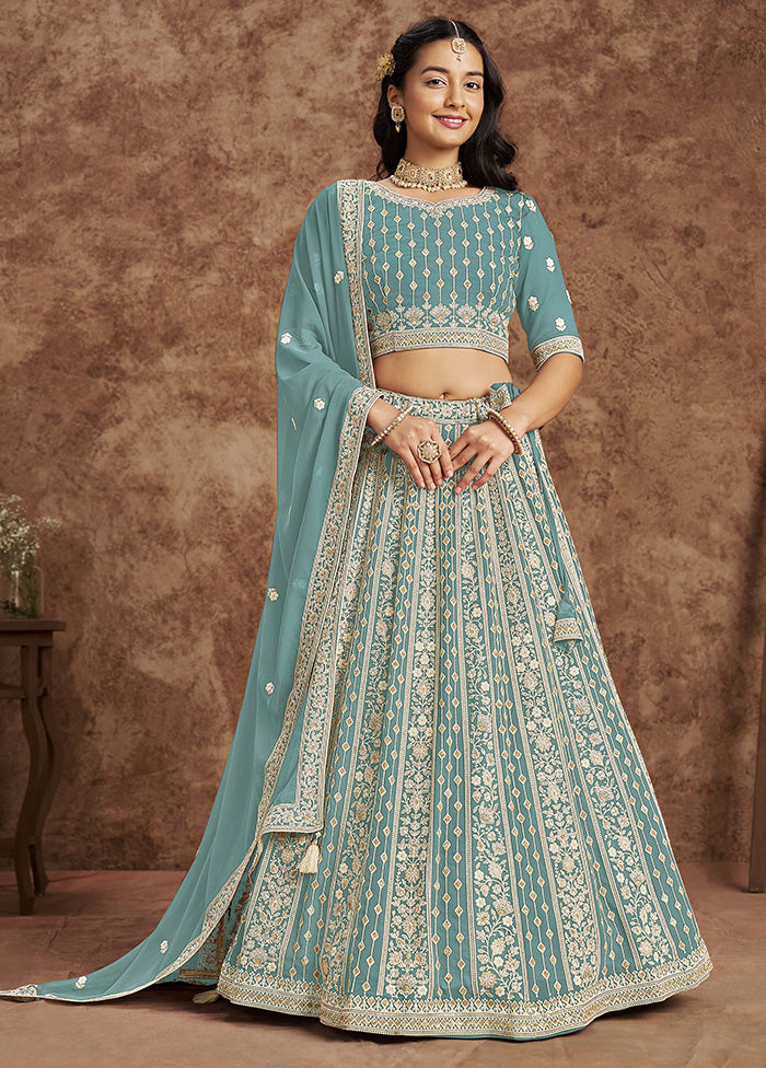 3 Pc Sky Blue Georgette Semi Stitched Lehenga Set