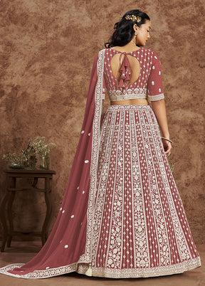 3 Pc Brown Georgette Semi Stitched Lehenga Set