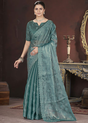 Teal Spun Silk Saree With Blouse Piece