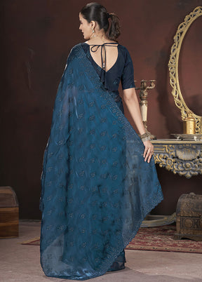 Teal Blue Spun Silk Saree With Blouse Piece