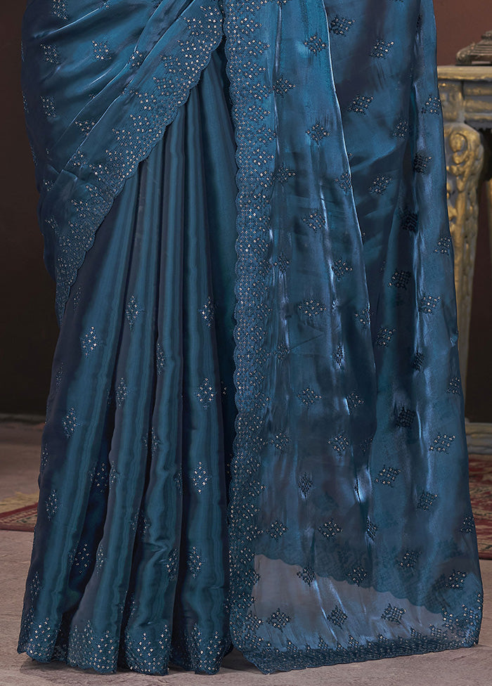 Teal Blue Spun Silk Saree With Blouse Piece