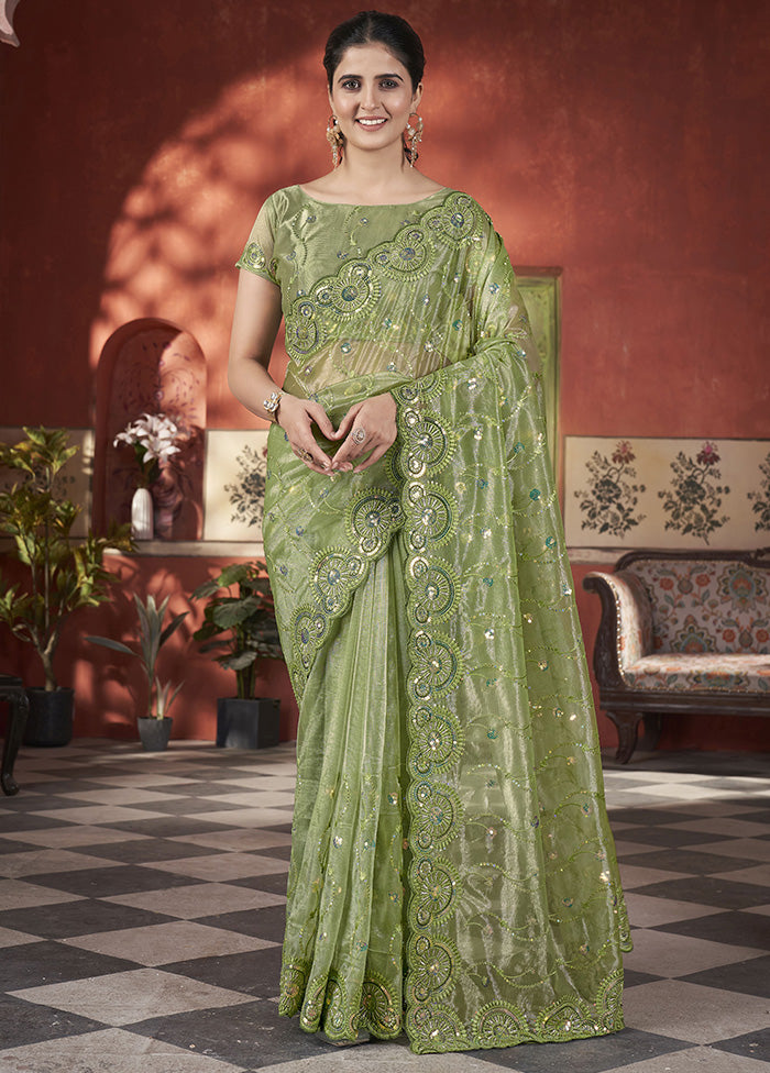 Green Net Net Saree With Blouse Piece