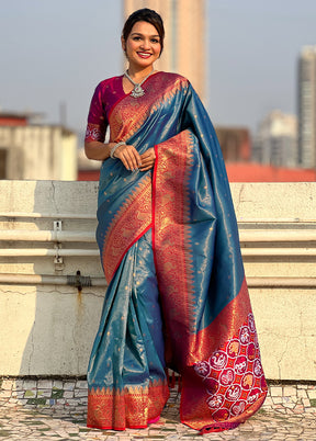 Blue Spun Silk Saree With Blouse Piece