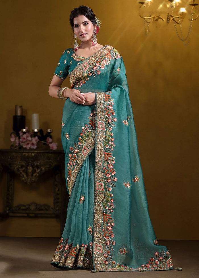 Teal Blue Spun Pure Silk Saree With Blouse Piece