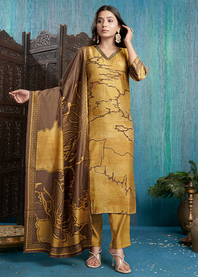 3 Pc Mustard Readymade Viscose Dupatta Suit Set