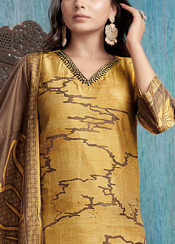 3 Pc Mustard Readymade Viscose Dupatta Suit Set