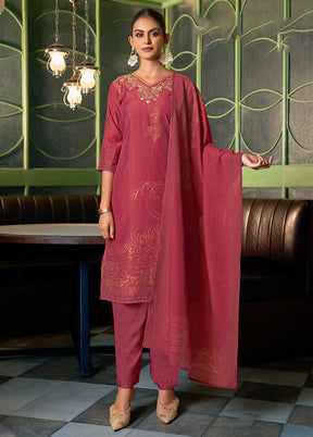 3 Pc Red Readymade Viscose Dupatta Suit Set