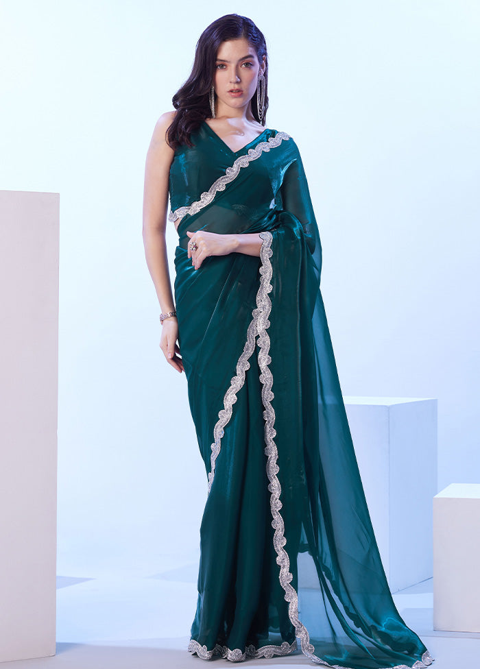 Teal Blue Satin Silk Saree With Blouse Piece