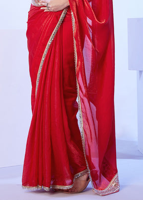 Red Satin Silk Saree With Blouse Piece