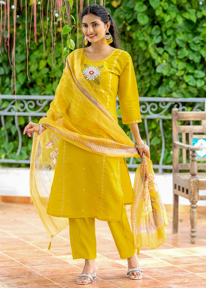 3 Pc Yellow Readymade Silk Suit Set