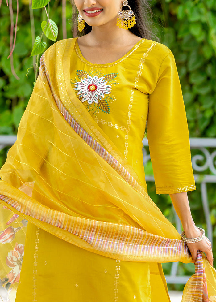 3 Pc Yellow Readymade Silk Suit Set