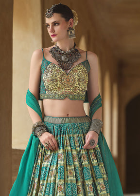 3 Pc Sea Green Silk Semi Stitched Lehenga Set