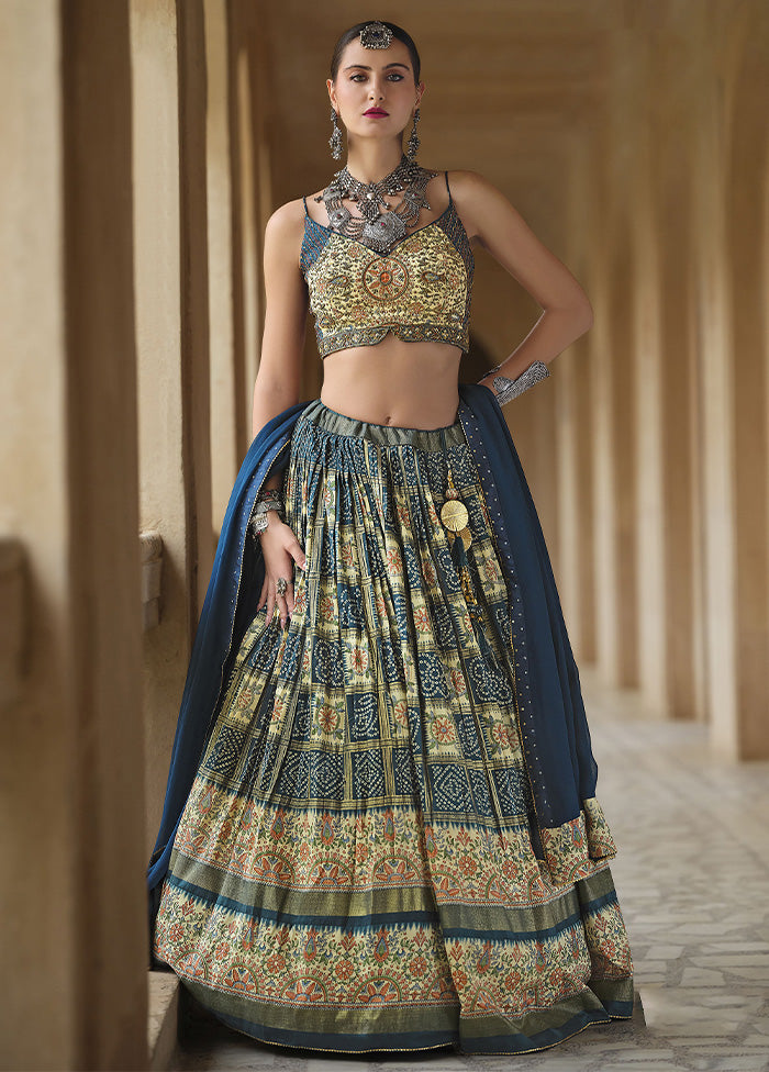 3 Pc Teal Blue Silk Semi Stitched Lehenga Set