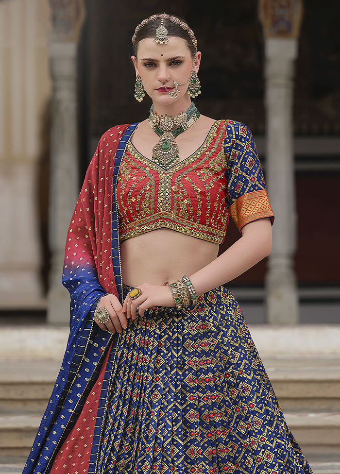 3 Pc Blue Silk Semi Stitched Lehenga Set