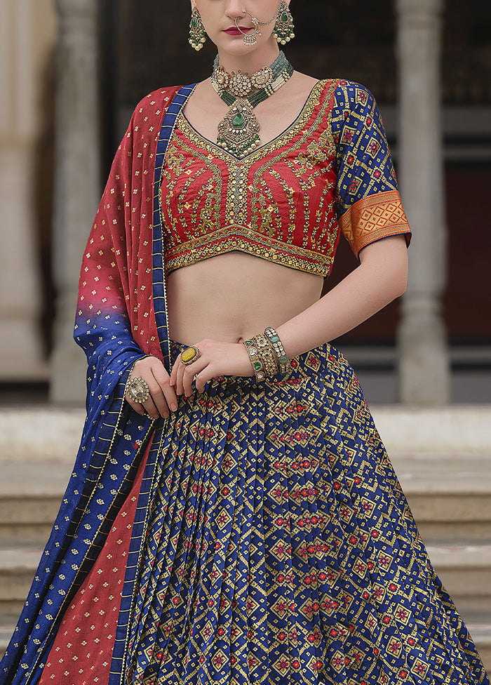 3 Pc Blue Silk Semi Stitched Lehenga Set