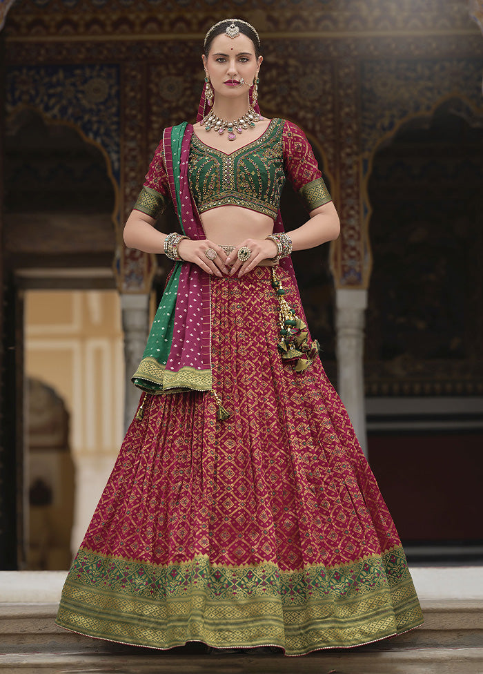 3 Pc Red Silk Semi Stitched Lehenga Set