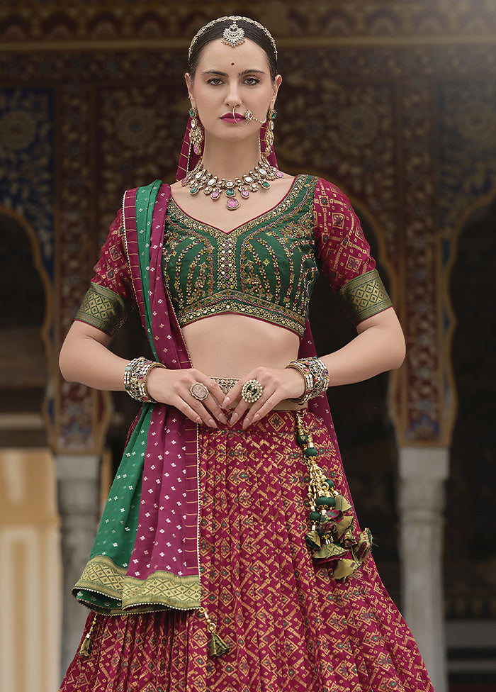 3 Pc Red Silk Semi Stitched Lehenga Set