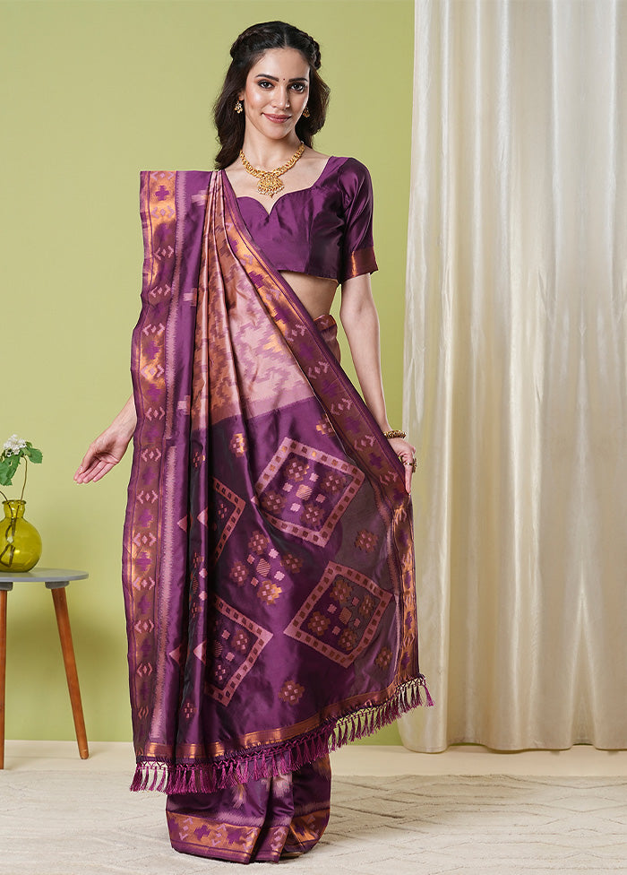 Wine Banarasi Silk Saree With Blouse Piece