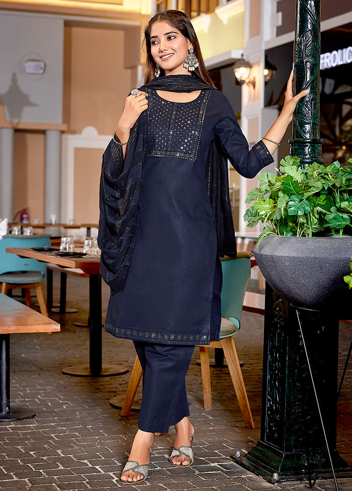 3 Pc Navy Blue Readymade Cotton Suit Set