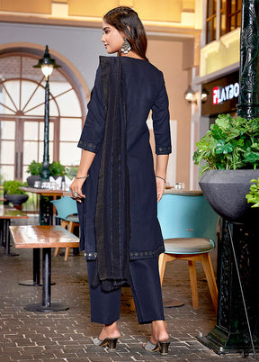 3 Pc Navy Blue Readymade Cotton Suit Set