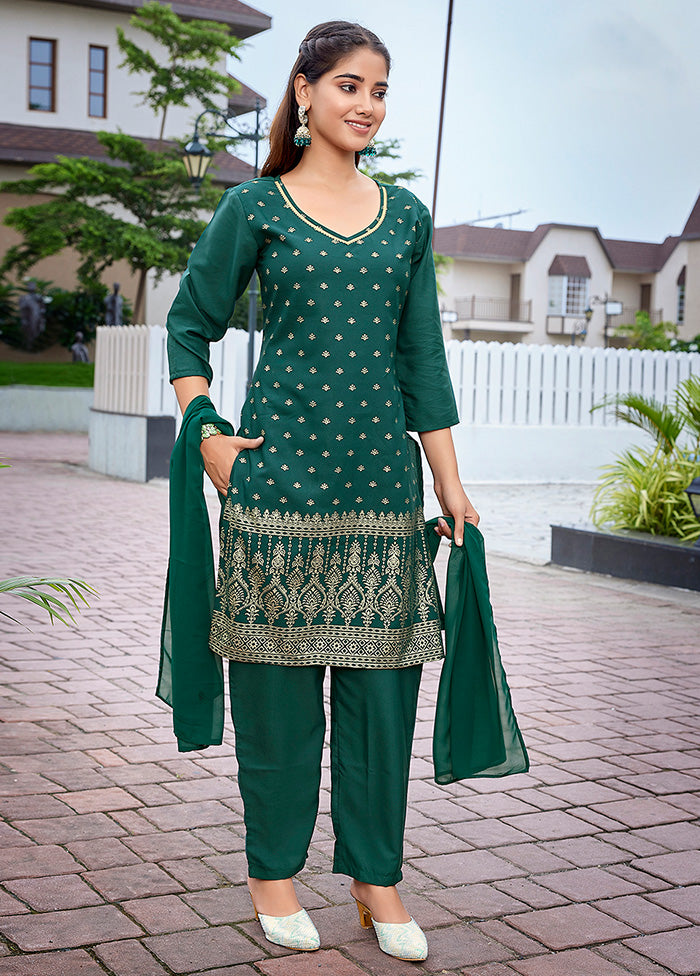 3 Pc Bottle Green Readymade Silk Suit Set