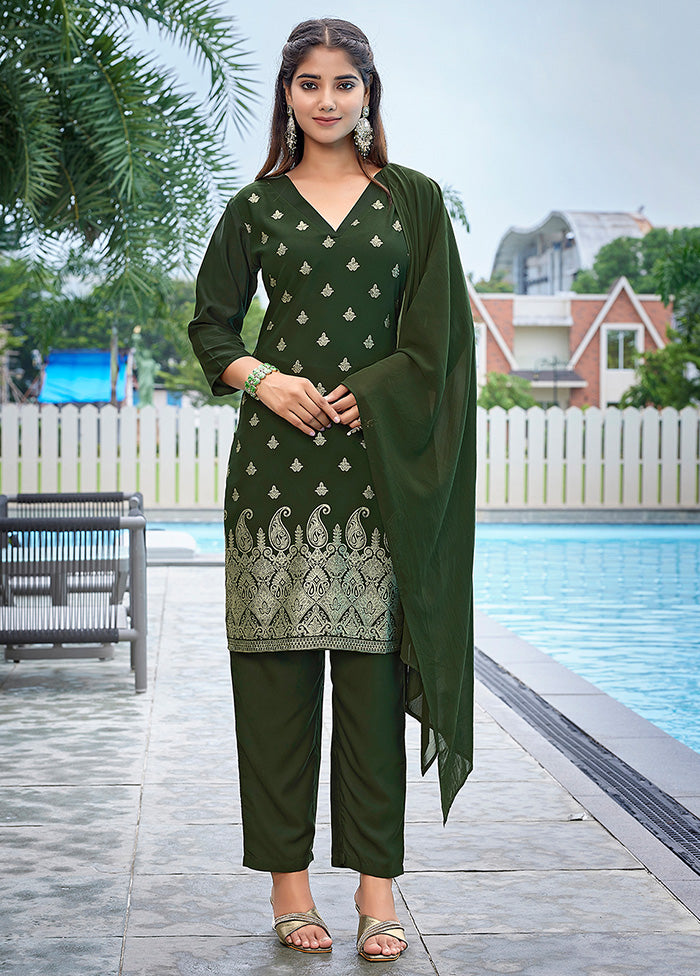 3 Pc Mehendi Readymade Silk Suit Set