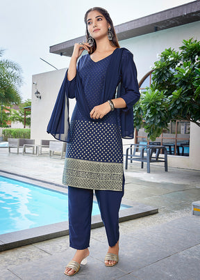 3 Pc Navy Blue Readymade Silk Suit Set