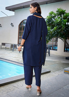 3 Pc Navy Blue Readymade Silk Suit Set