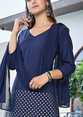 3 Pc Navy Blue Readymade Silk Suit Set