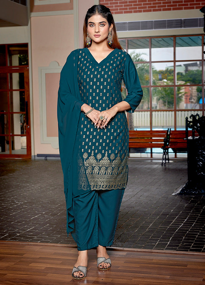 3 Pc Teal Green Readymade Silk Suit Set