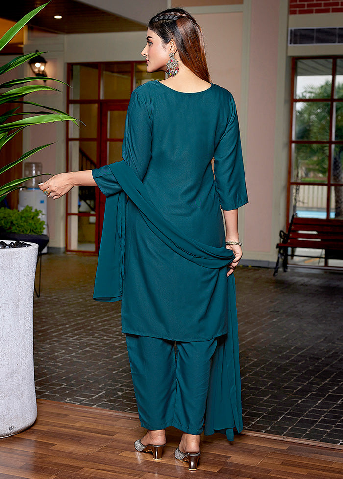 3 Pc Teal Green Readymade Silk Suit Set