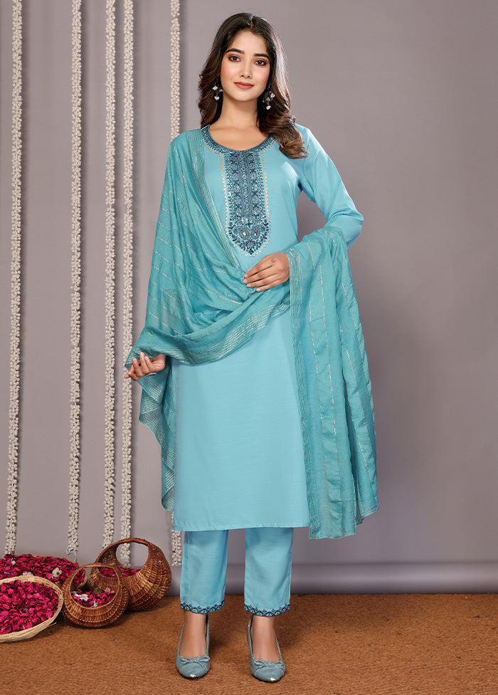 3 Pc Turquoise Blue Readymade Cotton Suit Set