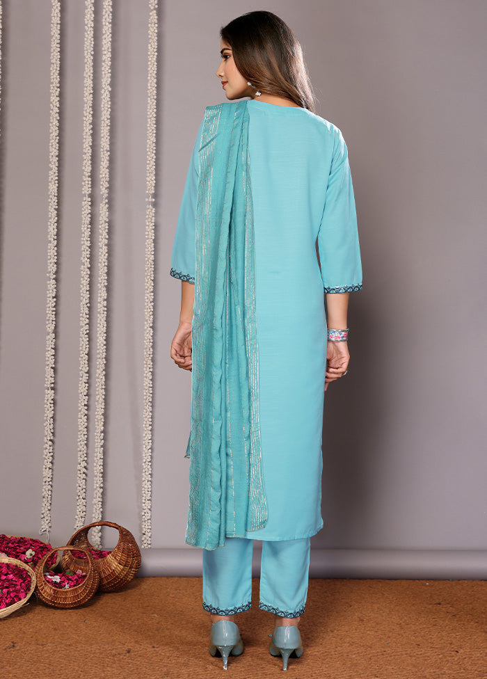 3 Pc Turquoise Blue Readymade Cotton Suit Set