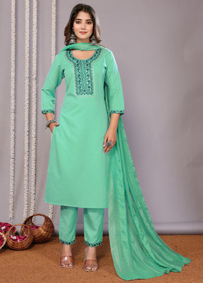 3 Pc Sea Green Readymade Cotton Suit Set