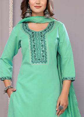 3 Pc Sea Green Readymade Cotton Suit Set