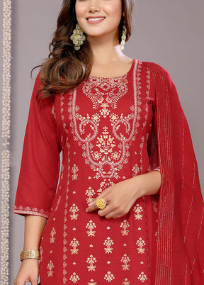 3 Pc Red Readymade Cotton Suit Set