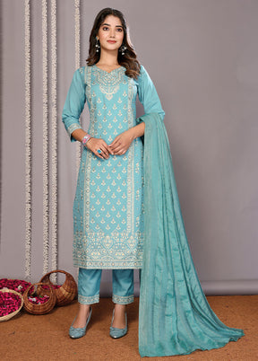 3 Pc Turquoise Blue Readymade Cotton Suit Set