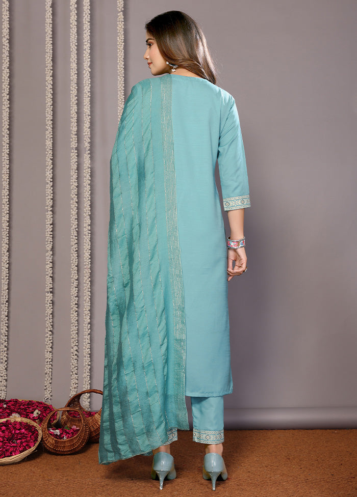 3 Pc Turquoise Blue Readymade Cotton Suit Set