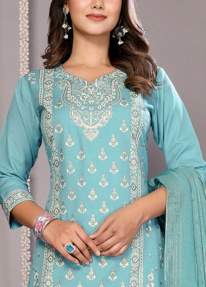 3 Pc Turquoise Blue Readymade Cotton Suit Set