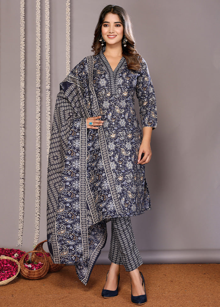 3 Pc Blue Readymade Cotton Suit Set