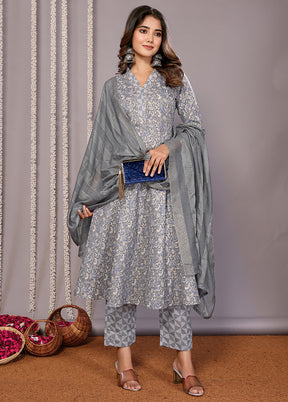 3 Pc Grey Readymade Cotton Suit Set