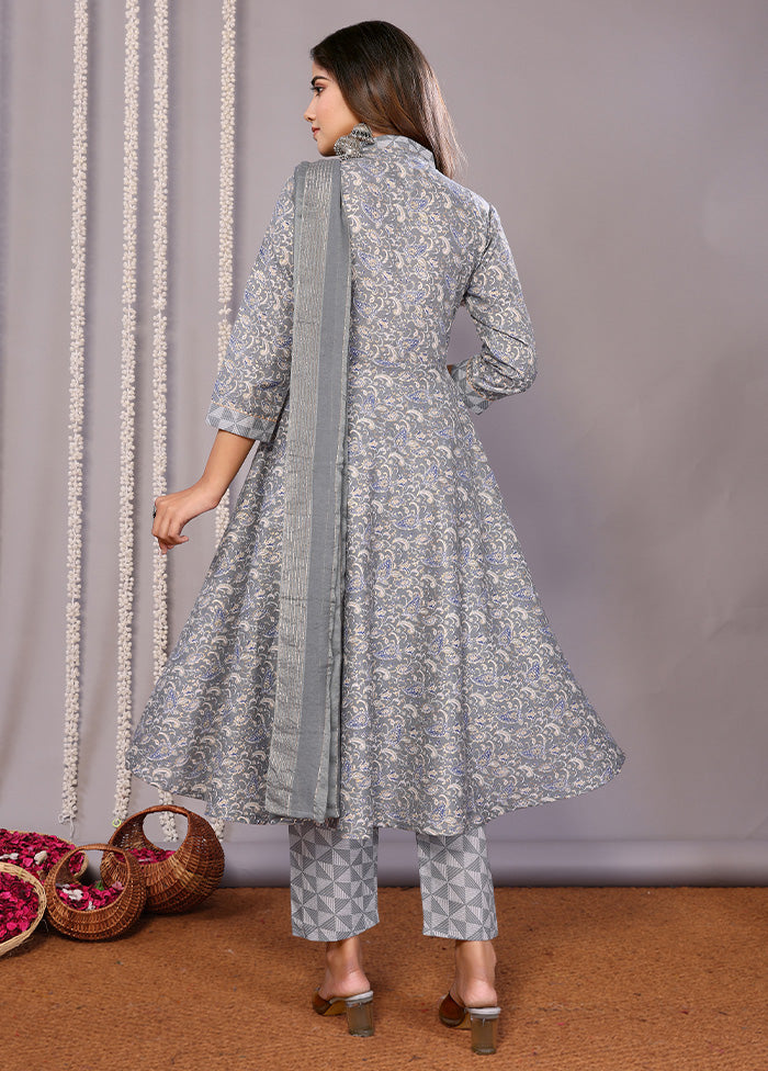 3 Pc Grey Readymade Cotton Suit Set