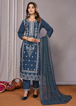 3 Pc Teal Blue Readymade Cotton Suit Set