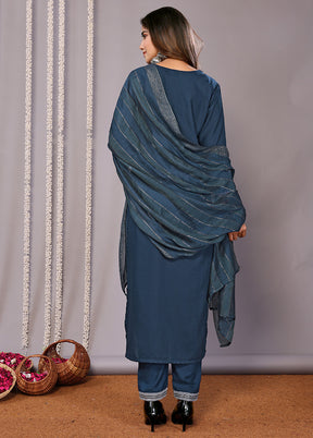 3 Pc Teal Blue Readymade Cotton Suit Set