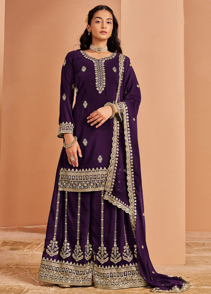 3 Pc Purple Semi Stitched Georgette Suit Set