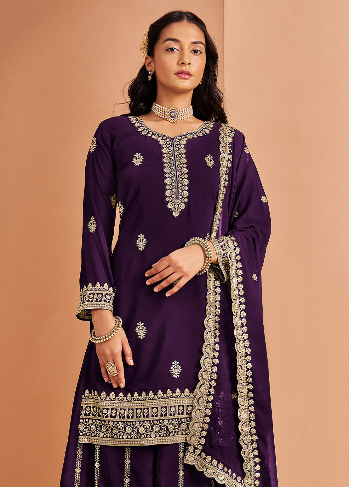 3 Pc Purple Semi Stitched Georgette Suit Set