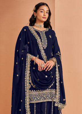 3 Pc Blue Semi Stitched Georgette Suit Set