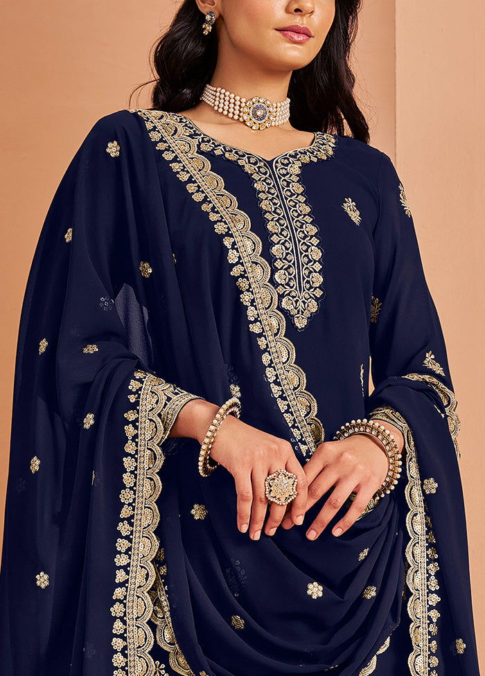 3 Pc Blue Semi Stitched Georgette Suit Set